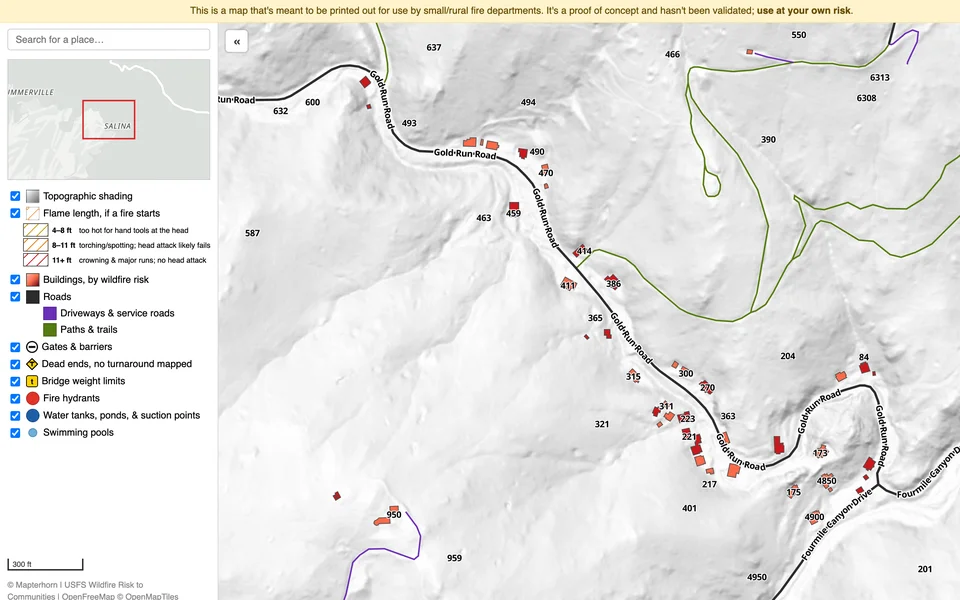 Detailed map of Gold Hill, Colorado, with buildings colored by wildfire risk, roads, trails, and house numbers
