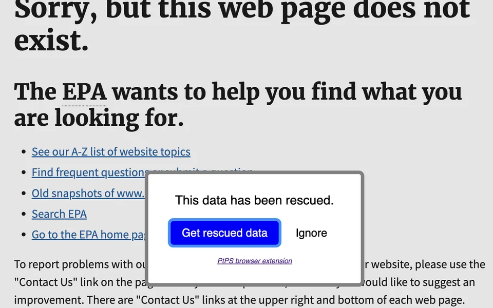 The browser extension's modal over a missing EPA page, offering the rescued data