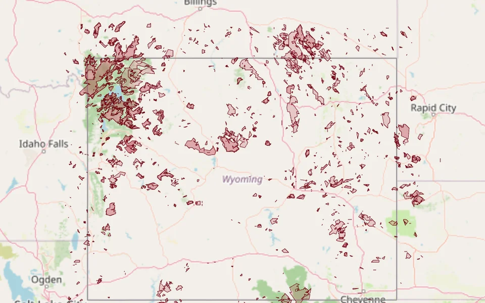 Map of fire perimeters across Wyoming since 1984, darker where they overlap