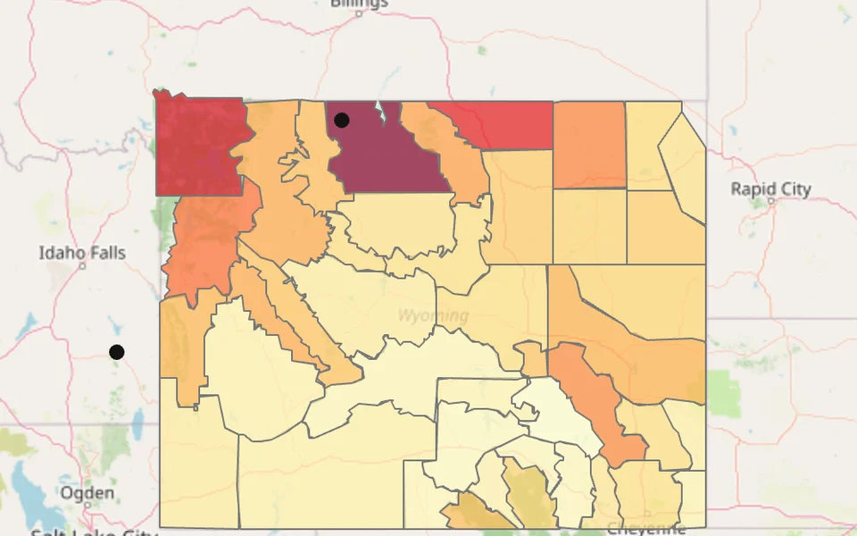Map of Wyoming's fire weather zones, shaded by risk score